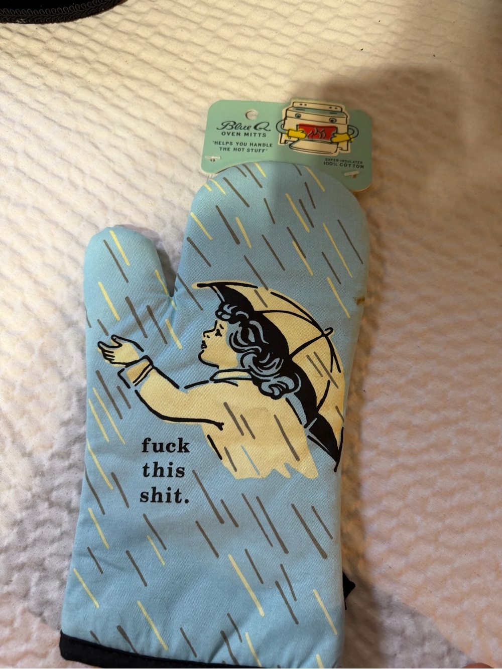 Blue Q Light Blue Oven Mitt with Retro Oven Illustration